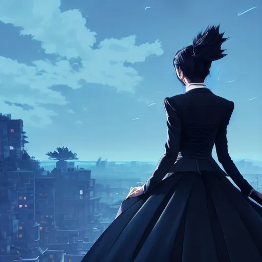 Image similar to low - angle shot from behind of a long blue ponytail girl in a tailcoat overlooking noxus, noir, screenshot, sharp focus, intricate, illustration, cell shaded, digital painting, highly detailed, art by ilya kuvshinov, wlop, greg rutkowski, studio quality, james jean