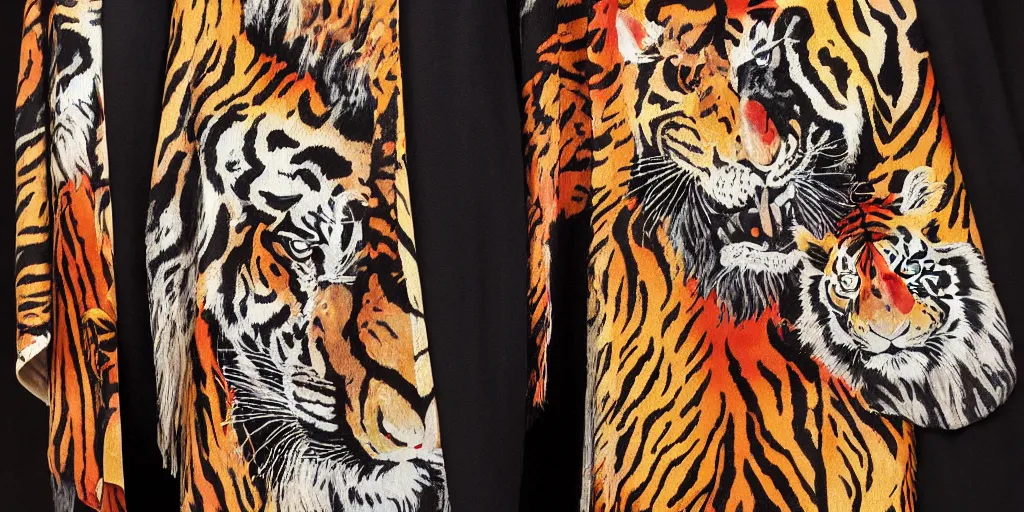 Image similar to birth of venus gucci versace tiger print intricate modern textiles cloak tunic streetwear cyberpunk