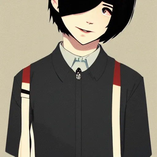 Image similar to a headshot of a very happy yoongi closed smile - short black hair wearing male school uniform, sharp focus, illustration, morandi color scheme, art station, high detailed, by ilya kuvshinov, gorillaz art