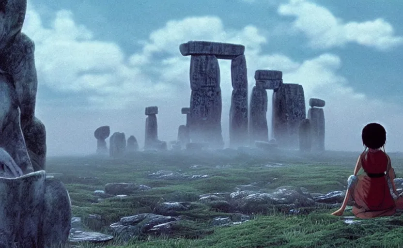 Image similar to movie still from princess mononoke ( 1 9 9 7 ) showing a highly detailed landscape with a giant long - haired buddha in lotus position with stonehenge in the background. 1 9 8 0 s science fiction, 1 9 7 0 s science fiction, cyberpunk, moody, misty, depth perception, 4 k, artstation