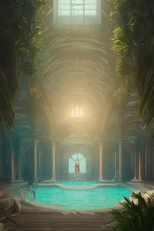 Prompt: detailed interior of a vaporwave pool, white marble walls, palm vegetation, light shafts, stunning atmosphere, in style of peter mohrbacher, cinematic lighting, high detail, cinematic feel