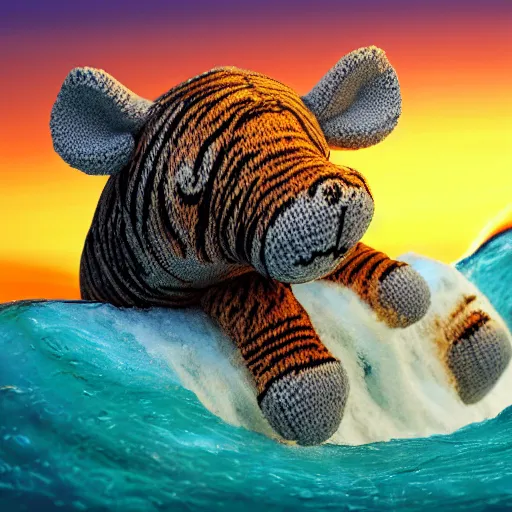 Image similar to a closeup photorealistic photograph of a cute smiling knitted tiger hippopotamus riding a wave at sunset. surf in background. professional capture. brightly lit scene. this 4 k hd image is trending on artstation, featured on behance, well - rendered, extra crisp, features intricate detail, epic composition and the style of unreal engine.