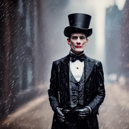 Image similar to cinestill 5 0 d candid photographic portrait by david cronenberg of baroque steampunk cyborg gentleman wearing an edwardian suit and top hat, modern cyberpunk moody emotional cinematic, closeup, pouring rain menacing lights shadows, 8 k, hd, high resolution, 3 5 mm, f / 3 2, ultra realistic faces, ex machina