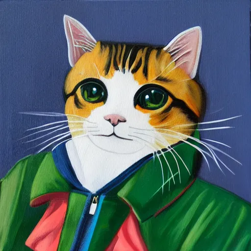 Image similar to cat with a stylish jacket, painting