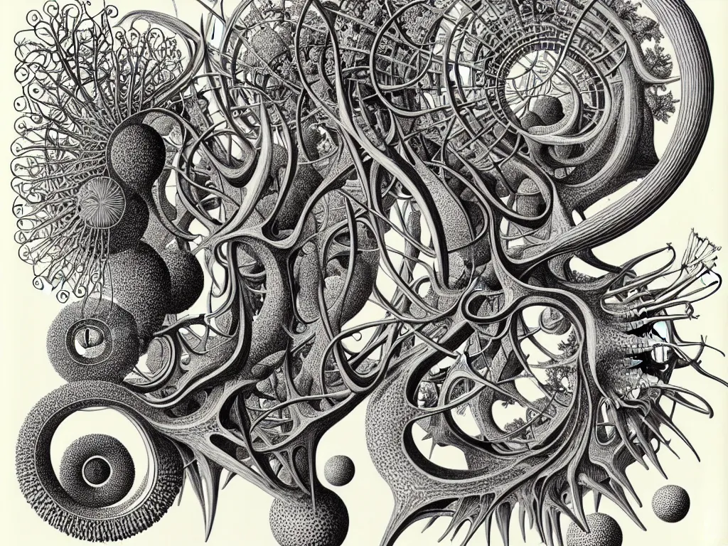 Image similar to platonic, neo surrealism, art by ernst haeckel and daniel martin diaz and mc escher