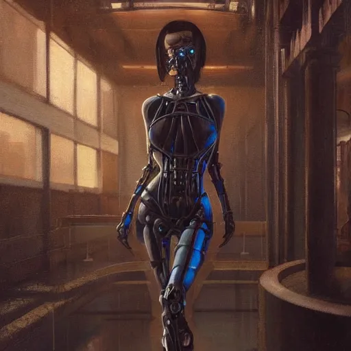 Prompt: detailed portrait of a biomechanical woman, moment, cyberpunk cloisters, electronic billboards, tech noir, wet reflections, atmospheric, ambient, livia prima, greg rutkowski, edward hopper, pj crook