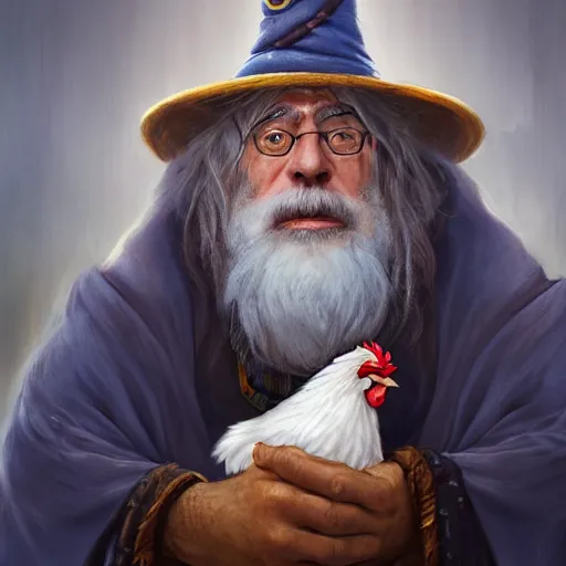 Image similar to a portrait of a wizard with his pet chicken by Tony Sart, confused facial expression, blue robe, long white beard, frizzy hair, ArtStation, realistic, detailed