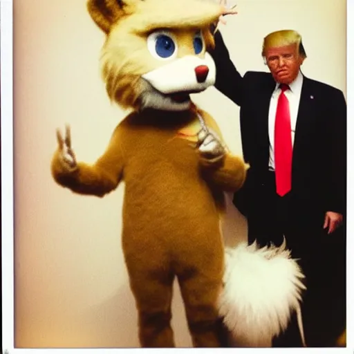 Image similar to polaroid photograph of donald trump at a furry convention, posing with a fursuit