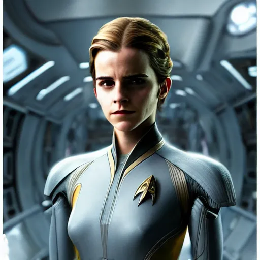 Image similar to a highly detailed matte portrait of emma watson dressed as seven of nine, scifi by star trek, unreal engine, volumetric lighting, exquisite detail, 8 k, art by greg rutkowski and alphonse mucha