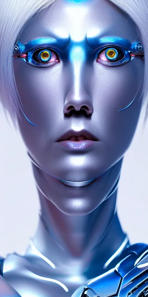 Image similar to hyperrealistic close-up of art deco cyborg woman with white hair and pearlescent blue skin wayne barlowe machiej kuciara very dramatic lighting on one side wide angle 35mm shallow depth of field 8k