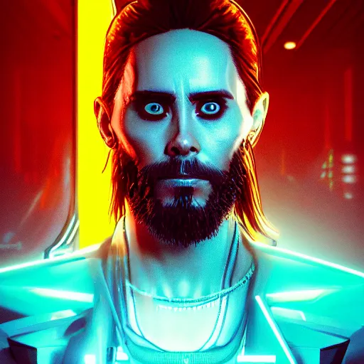 Prompt: jared leto portrait, cyberpunk 2 0 7 7, cyberpunk jackie welles, photorealistic, ultra detailed, neon, octane, bokeh, cinematic lighting, cyber, cyberpunk city, studio quality, feature, scars, cyberface, 8 k