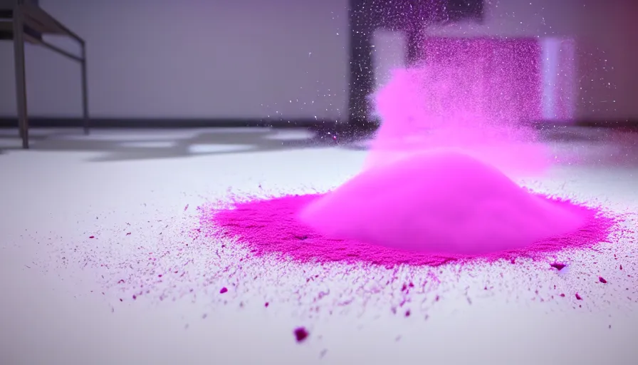 Image similar to extremely realistic color powder explosion on white floor, white background, 3 d, particles, sidefx, vfx