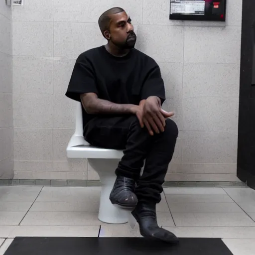 Prompt: kanye west sitting in a public toilet