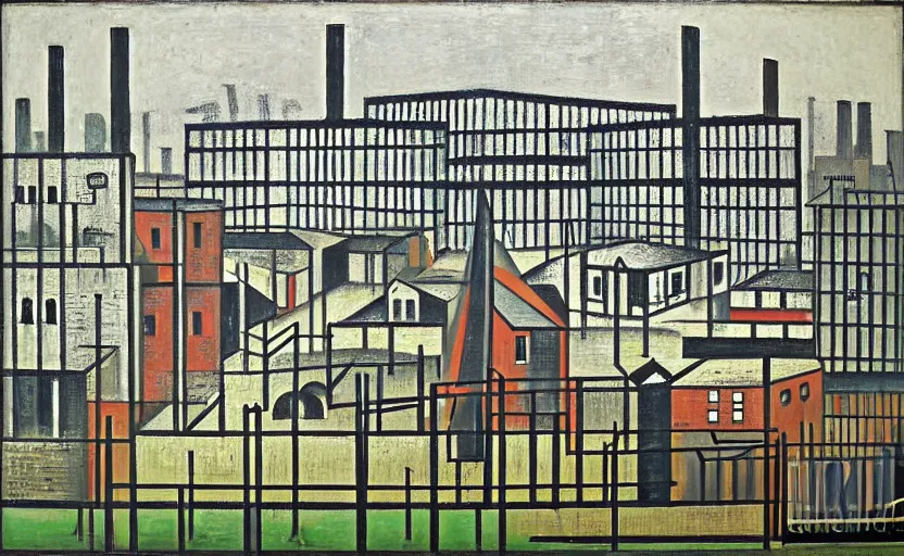 Prompt: geometric painting of industrial buildings surrounded by undergrowth by l. s. lowry