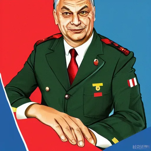 Image similar to portrait of hungarian prime minister viktor orban in uniform, hungary president election, soviet propaganda poster, hungarian flag in the background, colored, artgerm, highly detailed