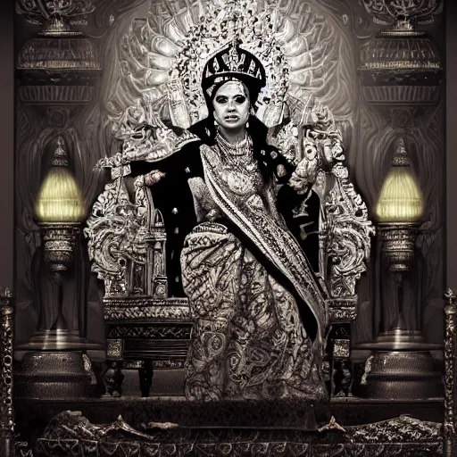 Image similar to the queen of india sitting on a throne, moody atmosphere, digital art, highly detailed, high contrast, beautiful lighting, award winning, trending on art station, photorealistic, 8 k,