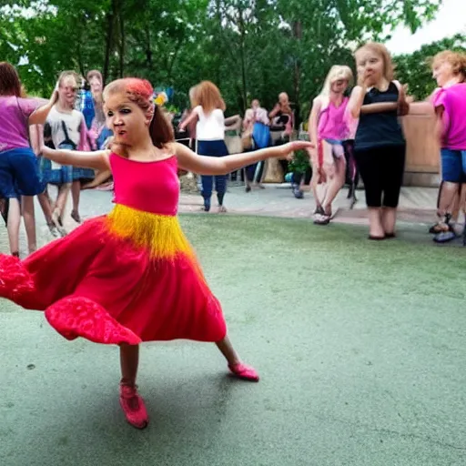 Image similar to A photo of a girl dancing with a frog