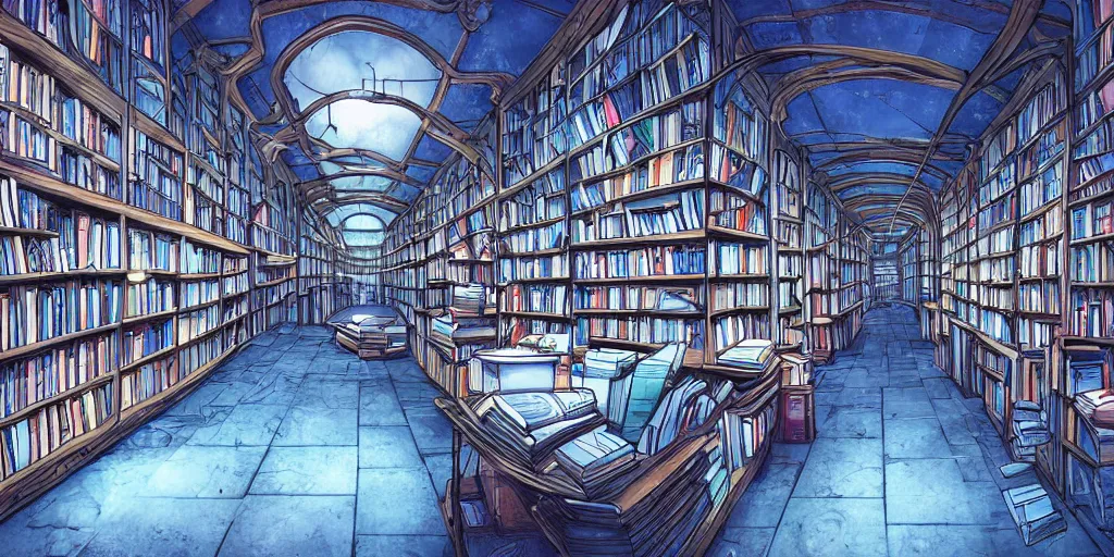 Image similar to abandoned bookstore in the mall at night, scattered books, horror, anime!, blue lighting, award - winning digital art