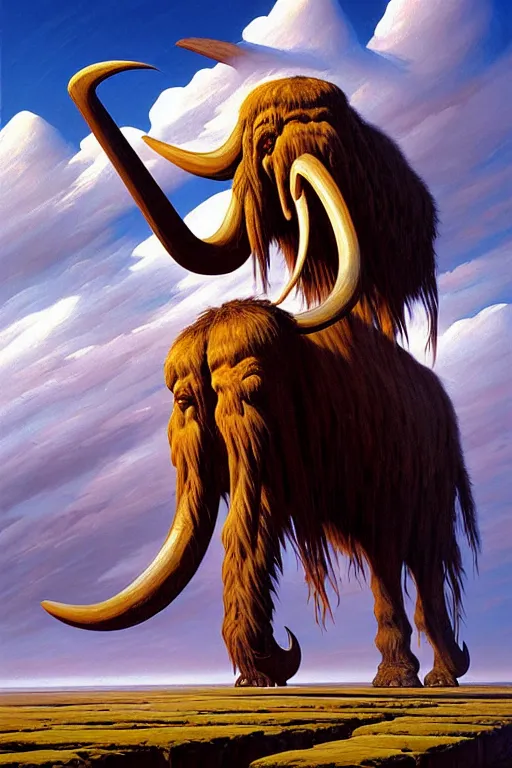 Prompt: classic oil painting, a mammoth that has spears sticking out of it, as a dnd character, crossing the barren tundra, windy, highly detailed, digital illustration, concept art, smooth, sharp focus, art by tim hildebrandt, and greg hildebrandt