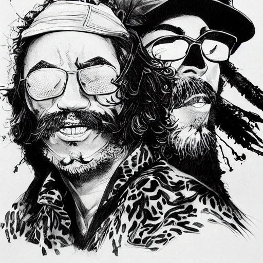 Image similar to portrait of cheech and chong, concept art, sumi - e style, intricate linework, artstation, trending, highly detailed, smooth, focus, art by yoji shinkawa,