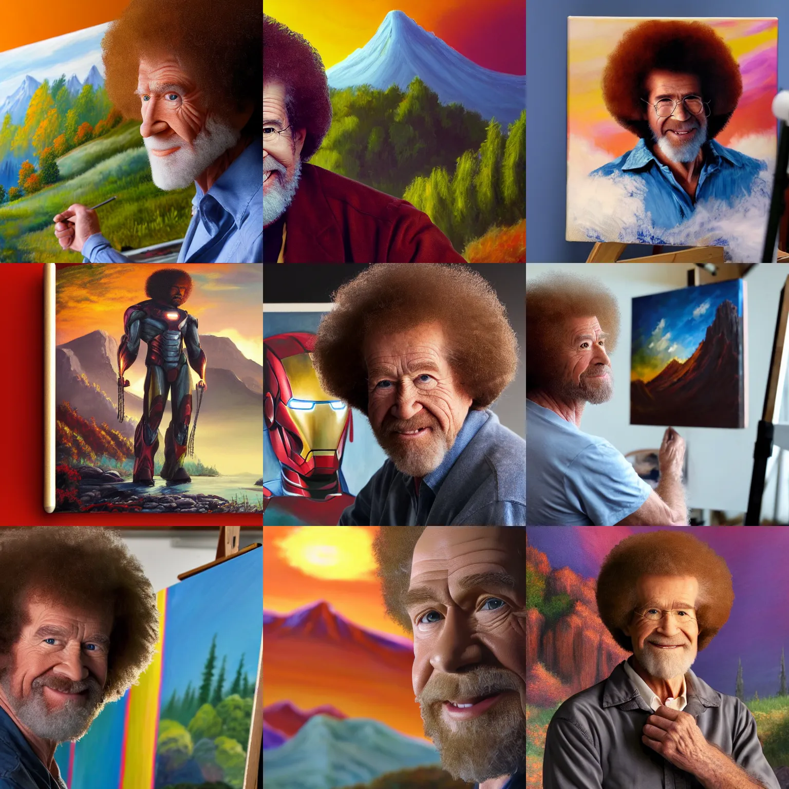 Prompt: a closeup photorealistic photograph of bob ross at his studio. bob is working on a canvas painting of iron man. mountain scape. film still, vibrant colors. this 4 k hd image is trending on artstation, featured on behance, well - rendered, extra crisp, features intricate detail, epic composition and the style of unreal engine.