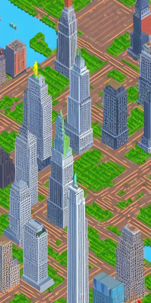 Prompt: New York in SimCity2000 style. isometric. retro. pixelart. maxis. Statue of liberty. Flatiron building. United nations Headquarters. Chrysler building. Times Square. Central Park. Rockefeller Plaza. Empire State