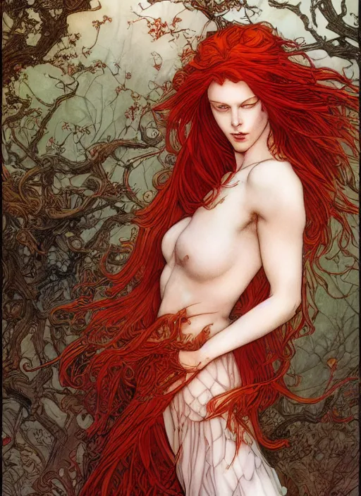 Image similar to dramatic ethereal full length illustration of a beautiful red hair woman in the art style of Eric Fortune and Rebecca Guay, not realistic, sharp focus, 8k high definition, insanely detailed, intricate, elegant