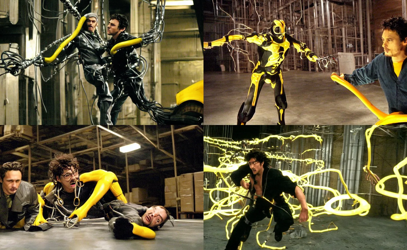 Prompt: 2004 James Franco fighting Doctor Octopus on a warehouse, the place is lighted yellow. Movie Scene.