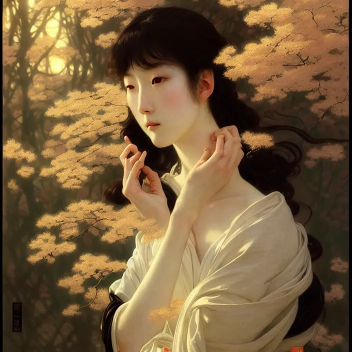 Prompt: japanese being of transcendent light, diffuse lighting, fantasy, intricate, elegant, highly detailed, lifelike, photorealistic, digital painting, artstation, illustration, concept art, smooth, sharp focus, art by john collier and albert aublet and krenz cushart and artem demura and alphonse mucha