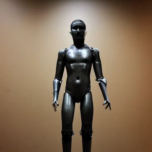 Image similar to “a realistic detailed photo of a guy who is an attractive humanoid who is half robot and half humanoid, who is a male android, American freestyle and folkstyle wrestler from Oklahoma AJ Ferrari, shiny skin, posing like a statue, blank stare, at a museum, on display”