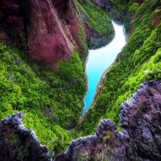 Prompt: beautiful photograph of a lush natural scene on an alien planet featured in sony world photography awards 2 0 3 0. extremely detailed. beautiful landscape. weird vegetation. cliffs and water.