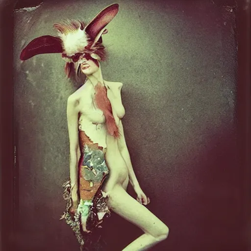 Image similar to damaged kodak portra 4 0 0, wetplate, photo of a surreal artsy dream scene,, very beautiful model, weird fashion, grotesque, extravagant dress, strange pose, carneval, with an animal, wtf, photographed by paolo roversi style