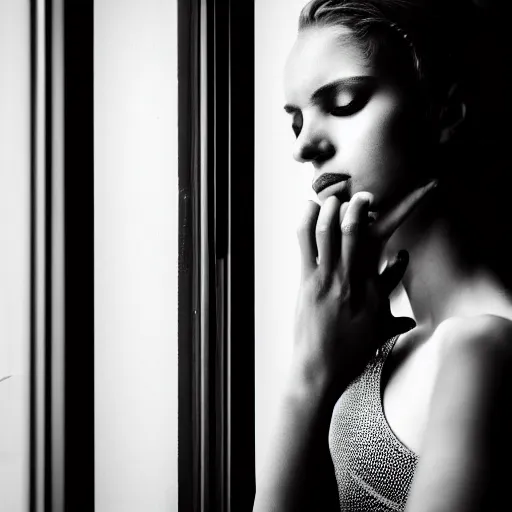 Prompt: black and white fashion photography of a beautiful depressed Woman with detailed face standing by the window, natural light, soft noise, sigma 85mm f/1.4 1/10 sec shutter