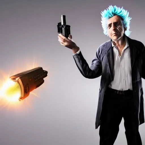 Image similar to Rick Sanchez as a real-life person, studio portrait, real-life-action movie star, holding a portal gun, opening a portal, Rick Sanchez