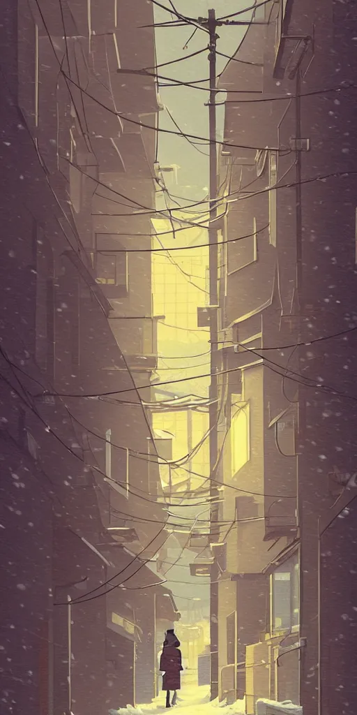 Prompt: tokyo alleyway, snowy day, lights, by cory loftis, makoto shinkai, hasui kawase, james gilleard, beautiful, serene, peaceful, lonely, golden curve composition