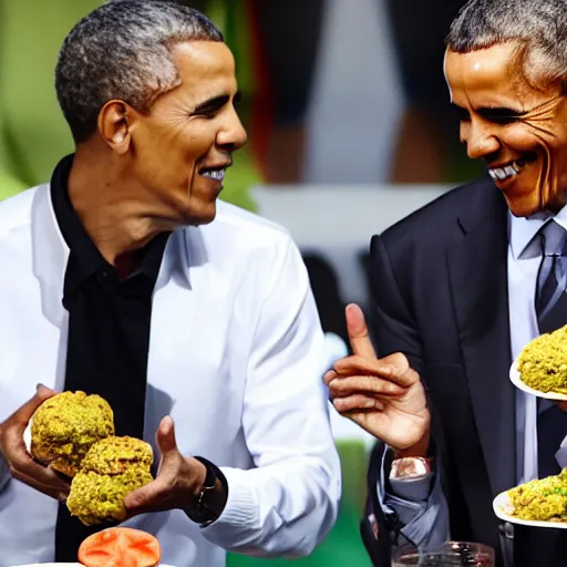 Image similar to Messi and Obama eat hummus and falafel