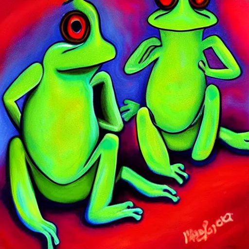 Prompt: oil painting gay frogs