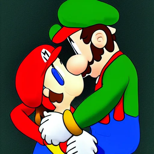 Prompt: mario and luigi french kiss, wet, blushing, deviantart