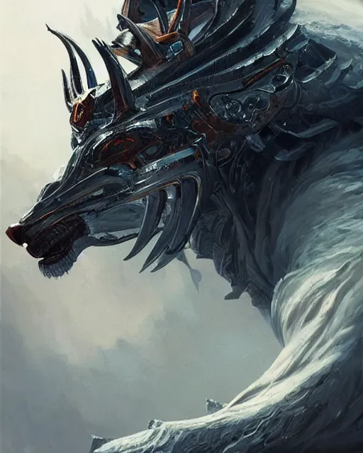 Image similar to mechanical king of wolves, elden ring, by greg rutkowski by artgerm, by karol bak, 3 d, trending on artstation, octane render