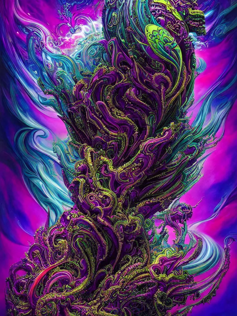 Image similar to depicting a wrathful technological nightmare monster god, in the style of lisa frank, exuberant organic elegant forms, by karol bak and filip hodas : : 1. 4 purple, red, blue, green, black intricate mandala explosions : : intuit art : : turbulent water backdrop : : damask wallpaper : : atmospheric