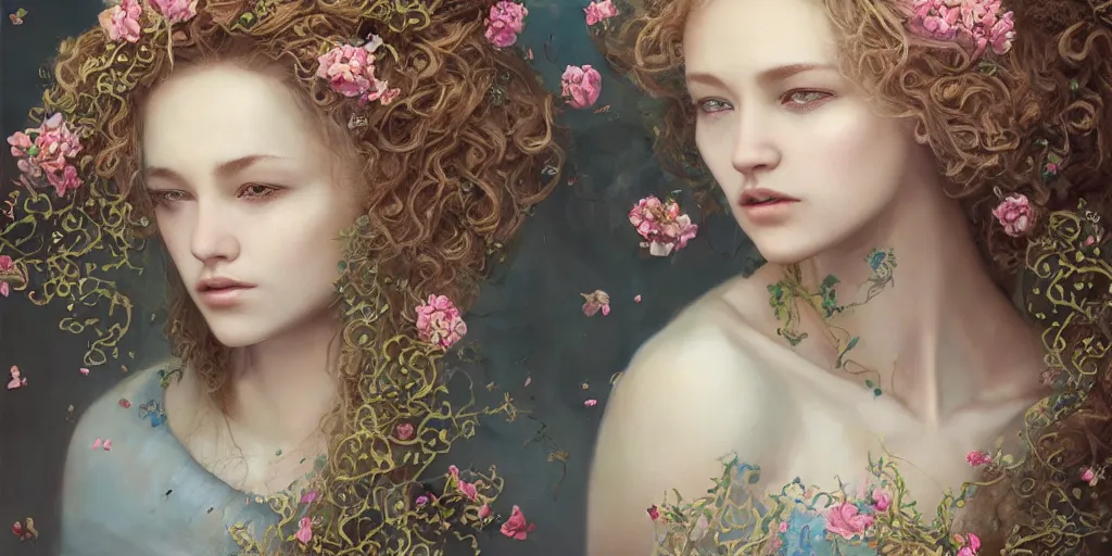 Image similar to breathtaking detailed concept art painting portrait of the hugs goddess of light blue flowers, blonde curly hair, orthodox saint, with anxious piercing eyes, ornate background, amalgamation of leaves and flowers, face by hsiao - ron cheng, extremely moody lighting, 8 k