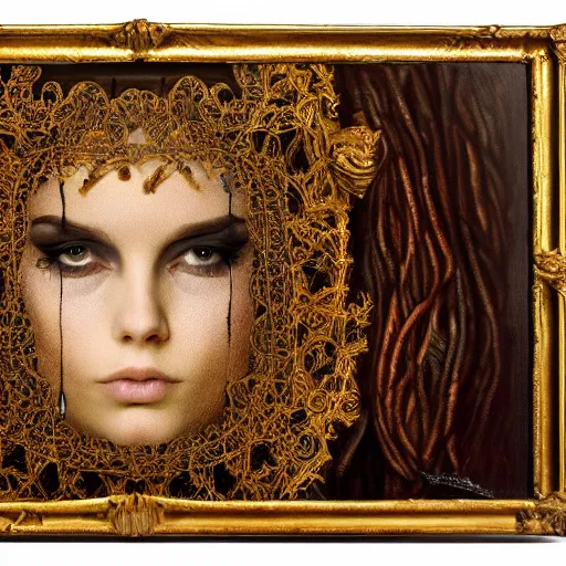Image similar to spellbinding witch spectacular beauty, ghastly reflection in the ((mirror)), intricate detail, fineline detail painting of portrait, intense sense of awe, 8k high octane rendering, golden ratio