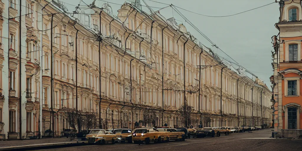 Image similar to cinematic street shot of a flying houses of saint petersburg city, telephoto, anamorphic cinematography, beautiful composition, color theory, leading lines, photorealistic, moody volumetric lighting