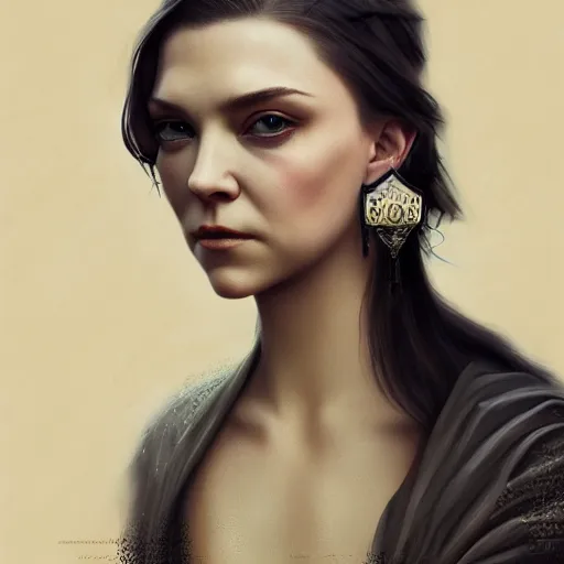 Image similar to tom bagshaw portrait, beautiful mix of natalie dormer and natalie portman in desert robes, black hair, professionally retouched, focus eyes, ultra realistic soft painting, insanely detailed linework, symmetrical accurate intricate features, behance, 8 k