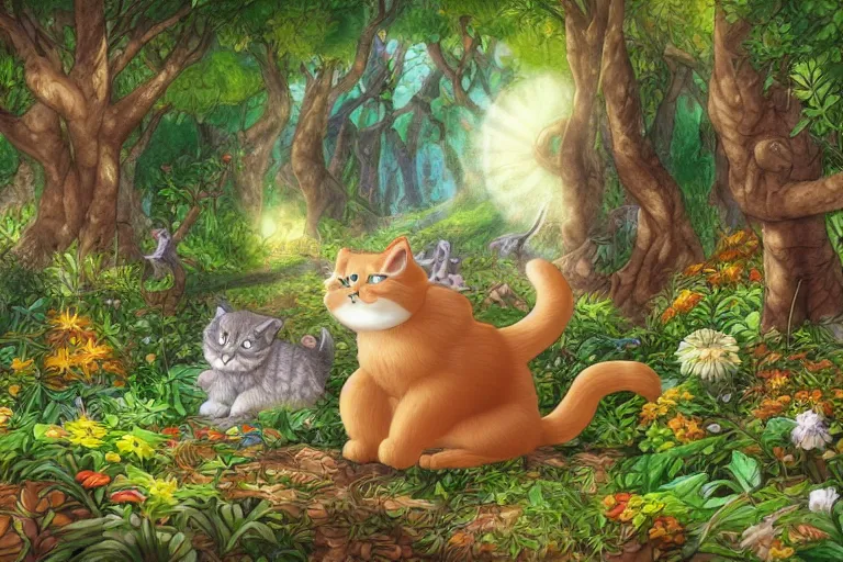 Image similar to a cat in a forest, highly detailed, digital art, trending on artstation, backlighting, by kawacy, by wayne mclouglin, by don bluth, by ken sugimori, by louis wain, fan art