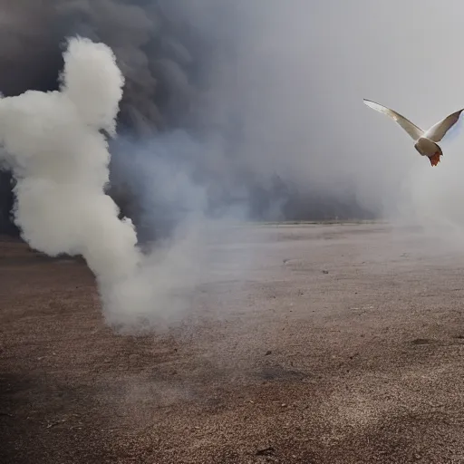 Image similar to photograph of a white dove flying through a warzone smoke bombs explosions in background