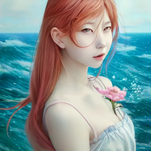 Image similar to Females Portrait by Miho Hirano, Ross Tran and Ilya Kuvshinov, realistic, detailed, white, light pink tonalities, beautiful collage technique including flora, sea, wind, ornate sea background, beautiful Fantasy detailed trending on artstation, oil painting,Dramatic lighting, eterea , high quality print, fine art with subtle redshift rendering