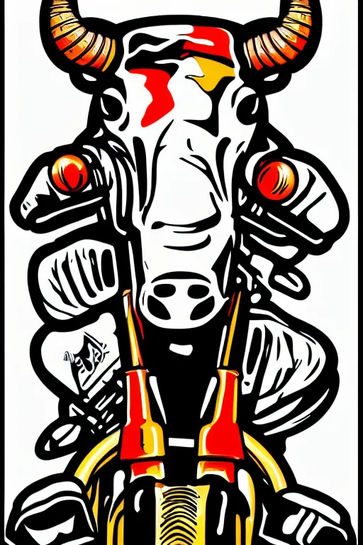 Image similar to A portrait of a biker bull, sticker, highly detailed, colorful, illustration, smooth and clean vector curves, no jagged lines, vector art, smooth