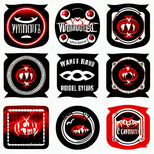 Prompt: set of icons with corporate logos belonging to vampires and werewolves, detailed, photorealistic, gothic, macro,