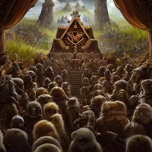 Image similar to Ewoks in masonic lodge during a medieval battle, warcraft style, realistic 4k octane beautifully detailed render, 4k post-processing, highly detailed, intricate complexity, epic composition, magical atmosphere, cinematic lighting, masterpiece, ultra hd